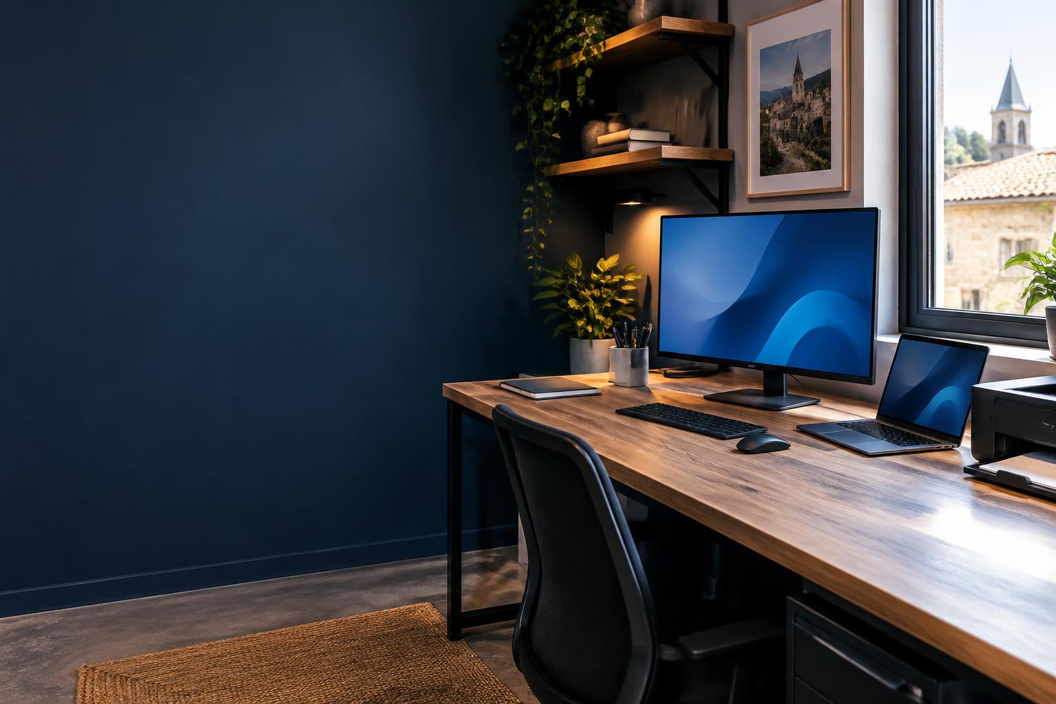 Poste de travail professionnel avec ordinateur, portable et imprimante